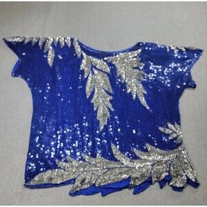Vintage Joseph Le Bon Top Womens XL Blue Silver Sequin Beaded Silk 80s Elegant